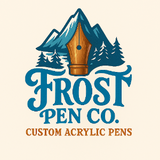 Logo of Frost Pen Co. with a wooden pen cap and mountain design on a beige background