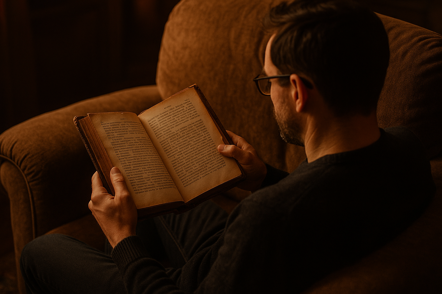 Man sitting in an overstuffed chair reading a book. the point of view is looking over his shoulder at the text of the book. The book is old, leather bound and shows signs of wear. 