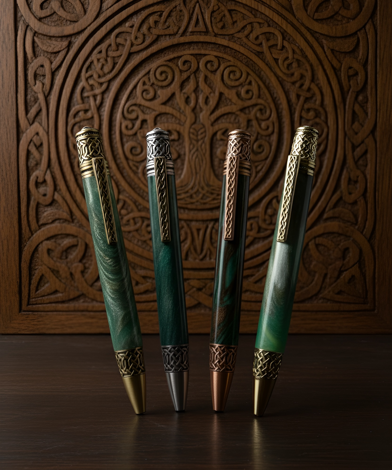 Four green pens with gold accents on a wooden surface with intricate carvings.