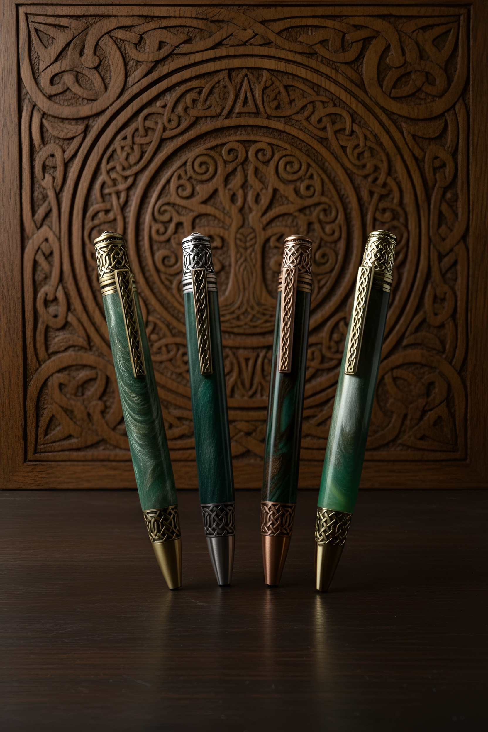 Four green pens with gold accents on a wooden surface with intricate carvings.
