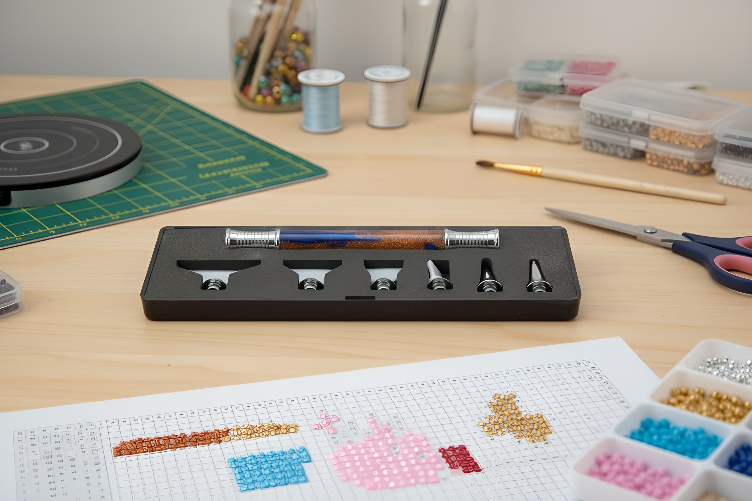 Cross-stitching tools and materials on a wooden table