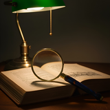 Vintage desk lamp illuminating an open book with a magnifying glass on a dark background