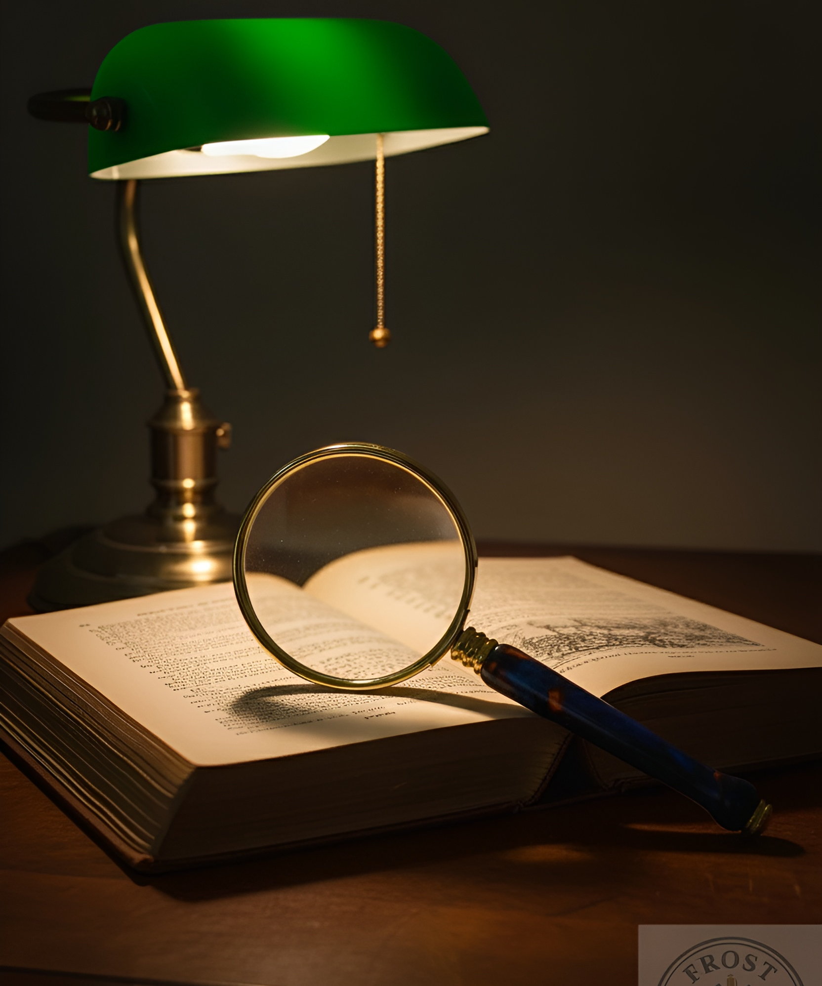 Vintage desk lamp illuminating an open book with a magnifying glass on a dark background