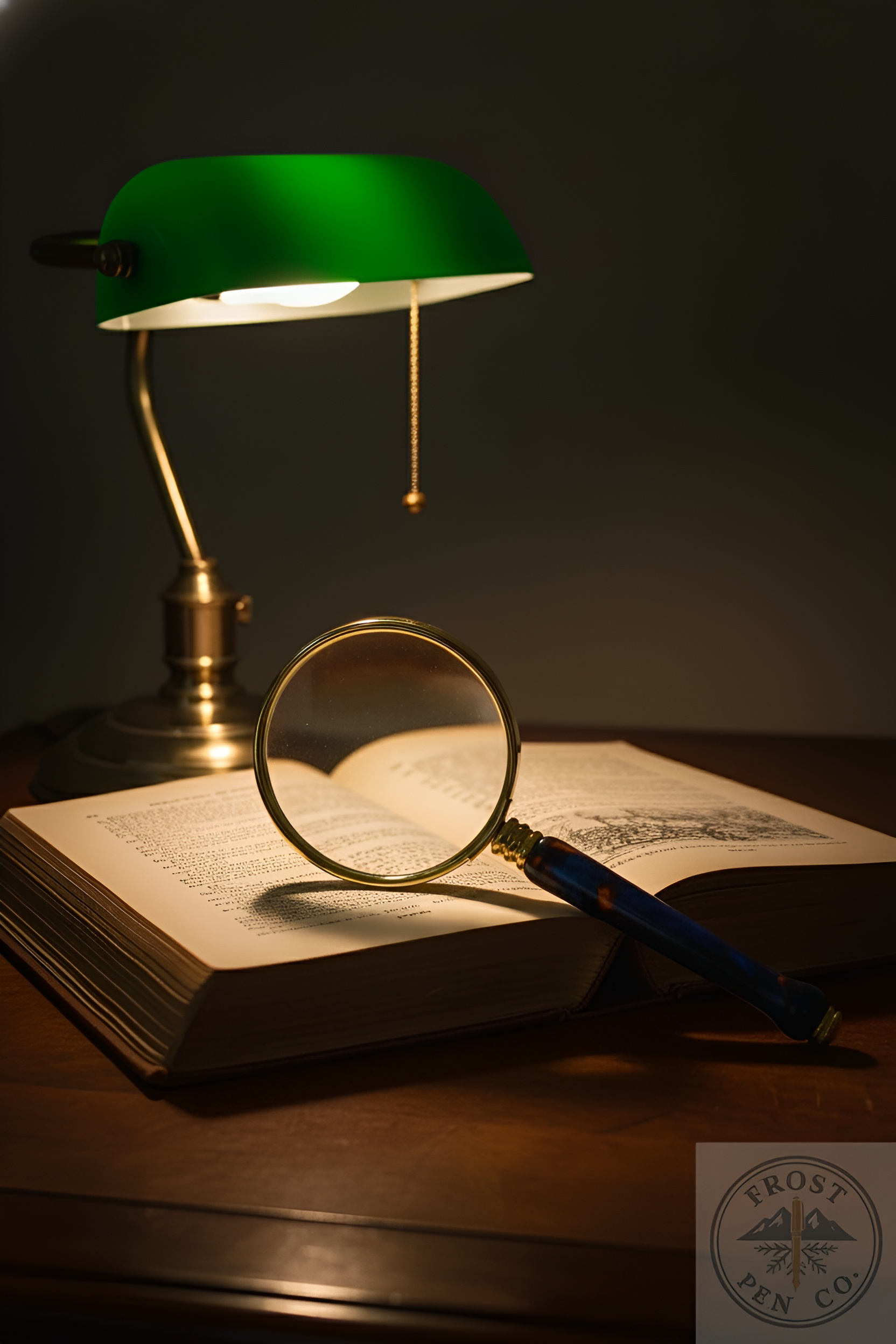 Vintage desk lamp illuminating an open book with a magnifying glass on a dark background
