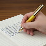 Hand holding a gold pen over a notebook with text on a wooden surface