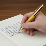 Hand holding a gold pen over a notebook with text on a wooden surface