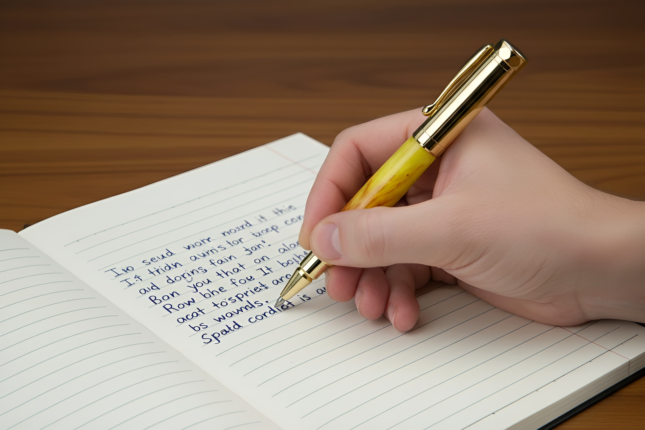 Hand holding a gold pen over a notebook with text on a wooden surface