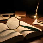 Open book with a magnifying glass and pen on a desk under a lamp.