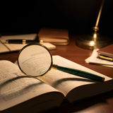 Open book with a magnifying glass and pen on a desk under a lamp.