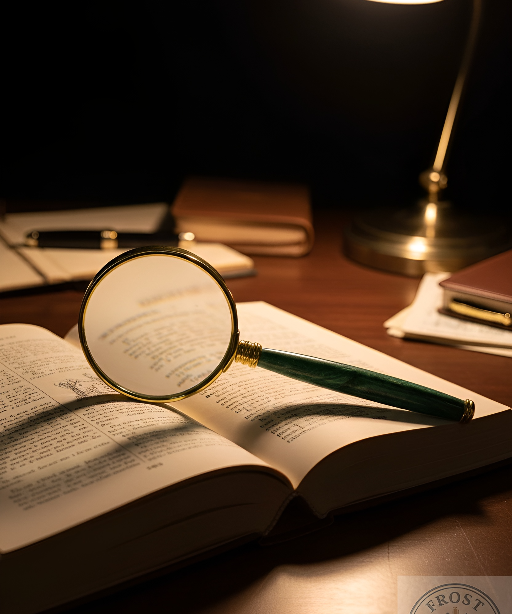 Open book with a magnifying glass and pen on a desk under a lamp.