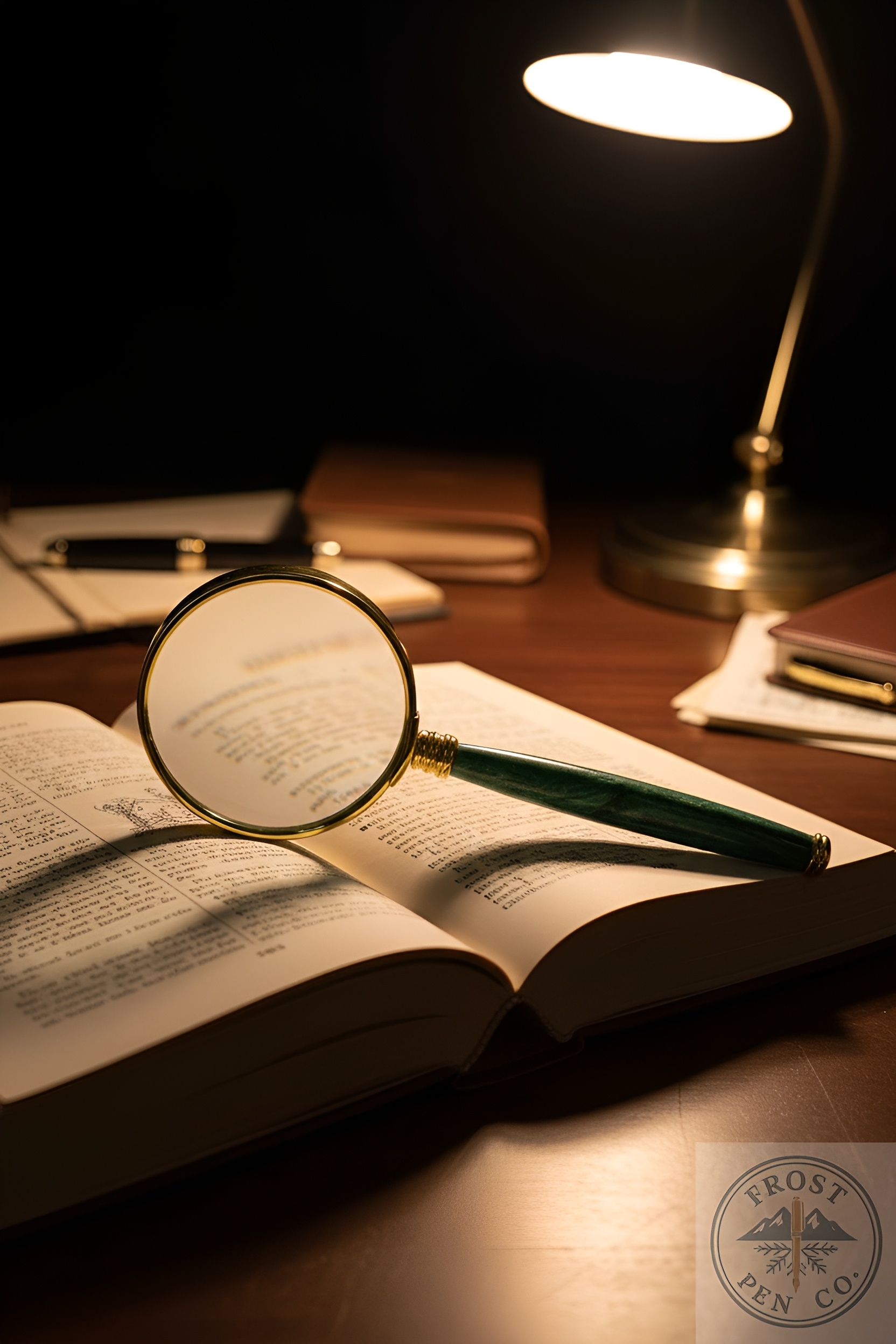 Open book with a magnifying glass and pen on a desk under a lamp.
