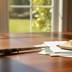 Wooden desk with a pen, cards, and a wrapped package in front of a window with greenery outside.