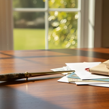 Wooden desk with a pen, cards, and a wrapped package in front of a window with greenery outside.