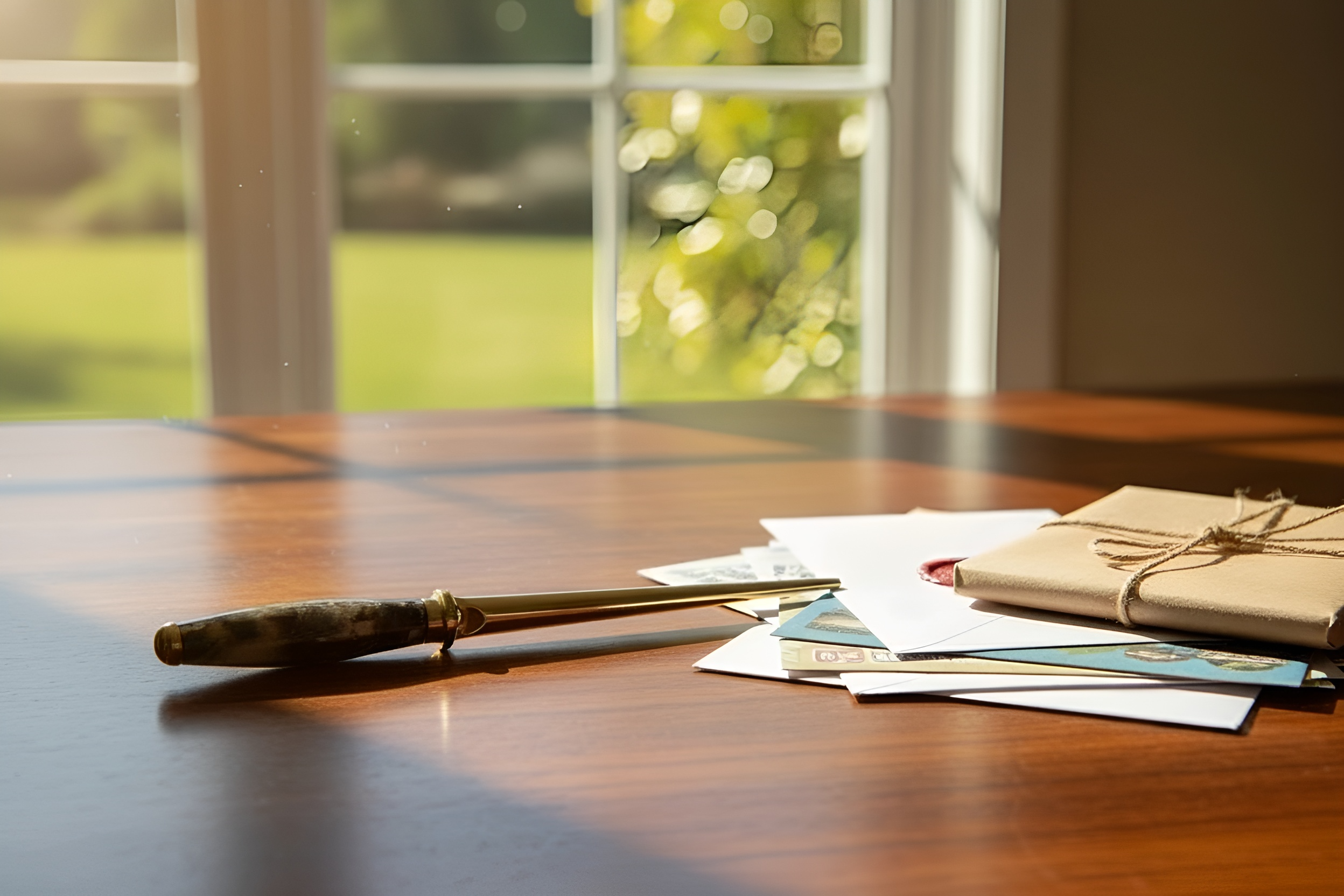 Wooden desk with a pen, cards, and a wrapped package in front of a window with greenery outside.